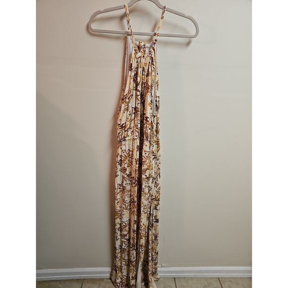 Joie Dress Womens XL Brown Bloom Boho Halter Maxi Pleat Slit Neutral Sundress - Picture 2 of 7